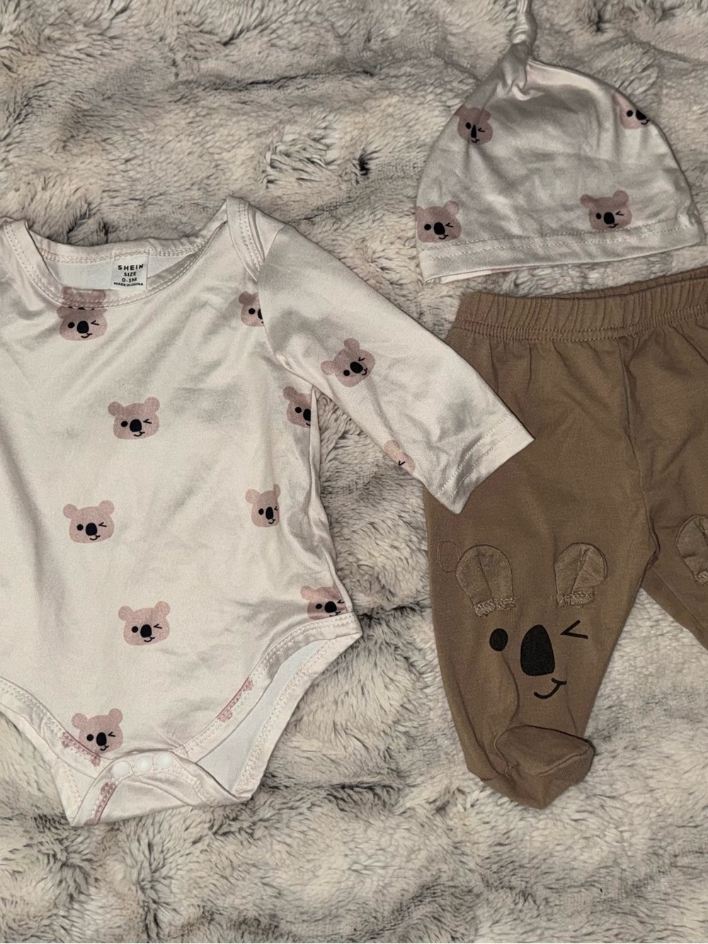 SHEIN Pink Koala Print One-Piece Set with Brown Footed Pants & Hat